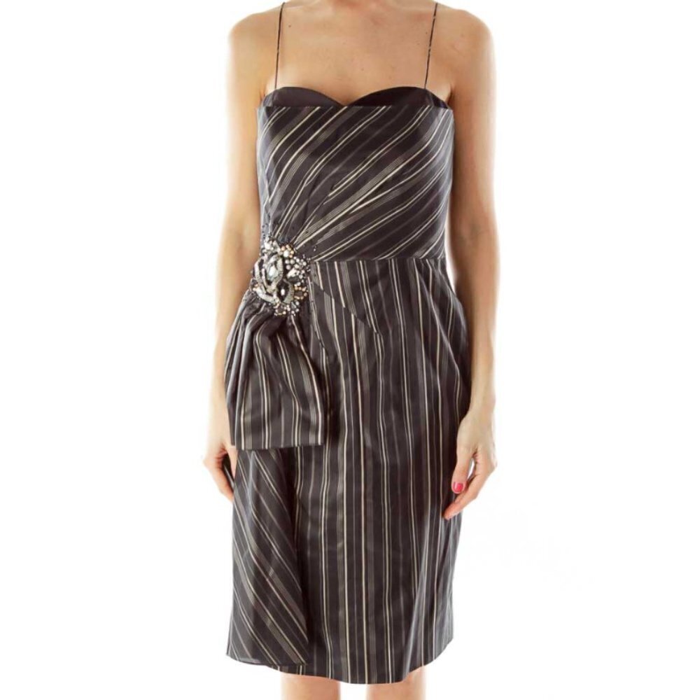 Sebastian Black Pinstripe Beaded Cocktail Dress